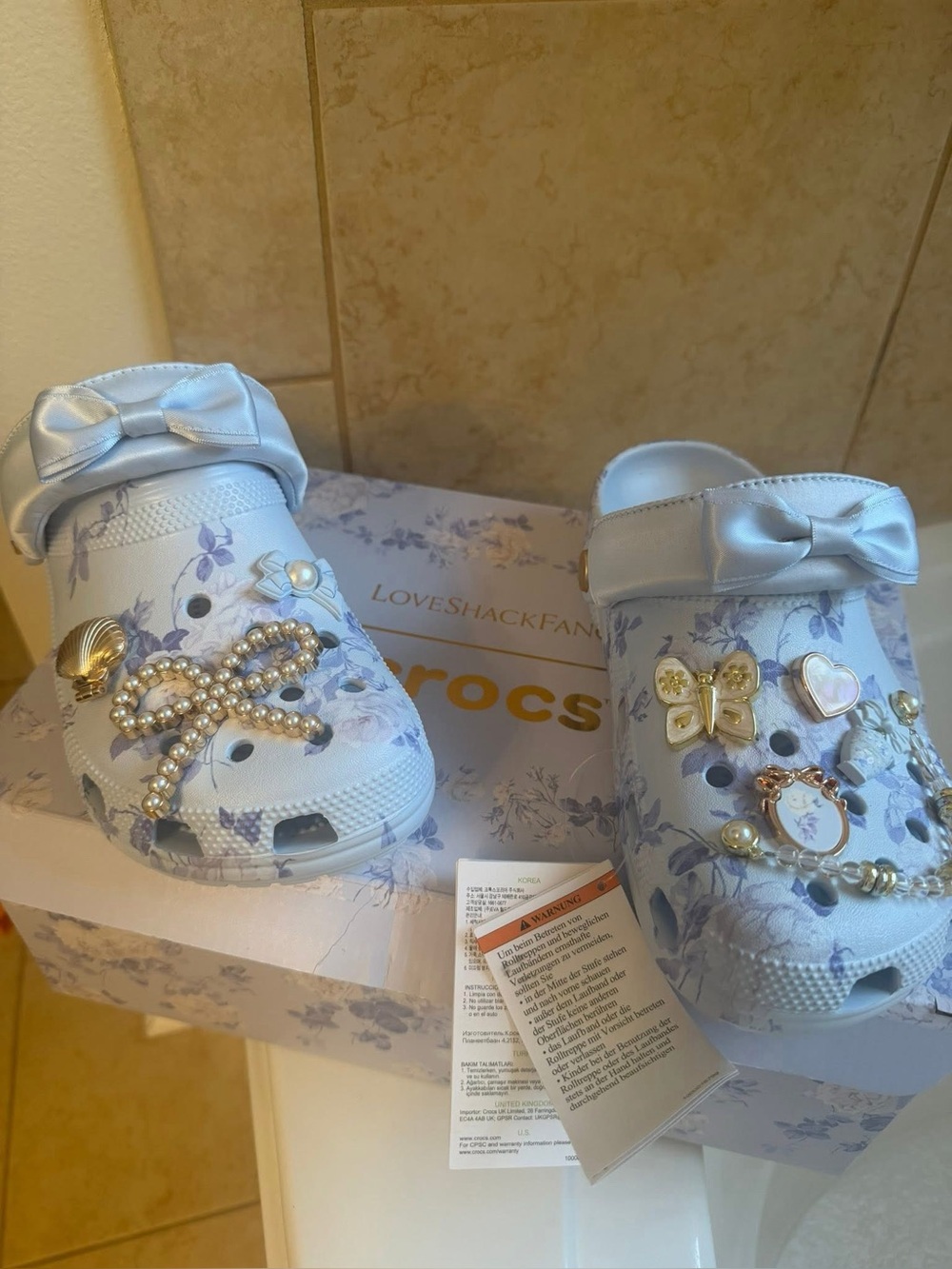 CROCS Light Blue Floral Pearl & Charm Embellished Clogs